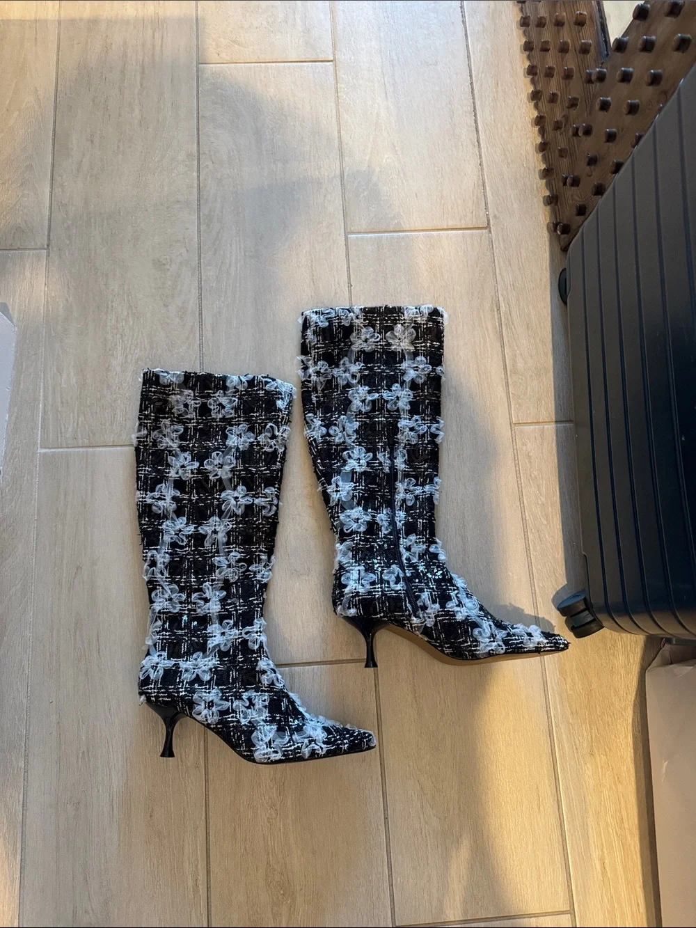 Betsey Johnson Black & White Floral Sequin Embellished Knee-High Heeled Boot